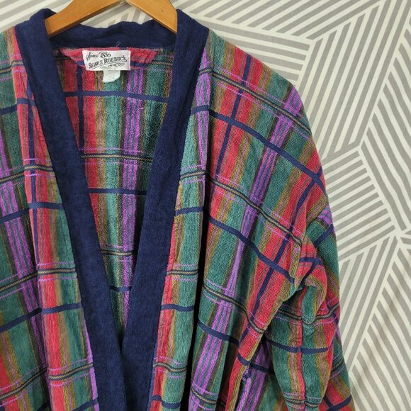 Vintage Sears Terry Cloth Robe Men One Size Medium Large XL Plaid Teal Purple - Picture 5 of 8